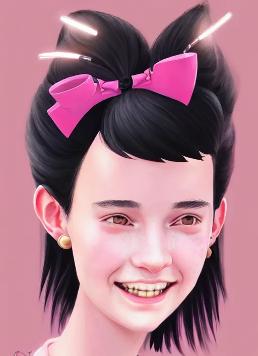 Image similar to portrait of high school girl, realistic, black hair, bangs, half updo hairstyle, pointy nose, skinny, smile, ugly, defined jawline, big chin, pink hair bow, earrings, intricate, elegant, glowing lights, highly detailed, digital painting, artstation, sharp focus, illustration, art by wlop, mars ravelo and greg rutkowski