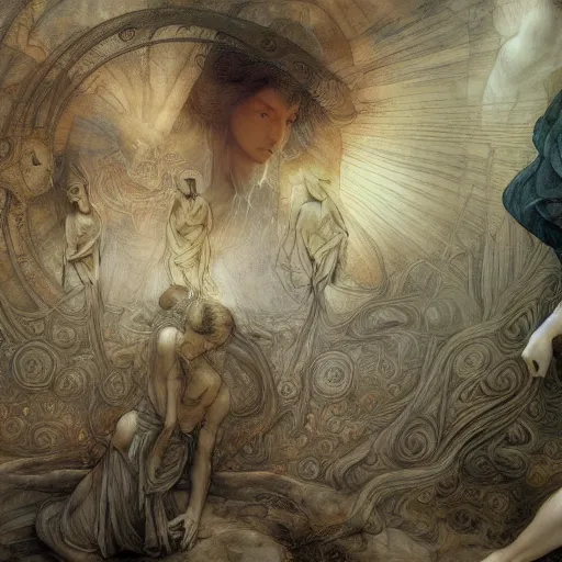 Image similar to disasterpiece truth disciples holy estrangement, by Edgar Maxence and Ross Tran and Michael Whelan and Da Vinci and Caravaggio and J.M.W Turner, metal watercolor intricate line drawings, sacred chords, mixed techniques 4k resolution