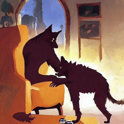 Prompt: a humanoid german shepherd beast - man, sitting and watching a soccer match in his house on television, he has hurt his knee and is a dad, by erin hanson, alexi zaitsev, karl spitzweg, award winning, tv set