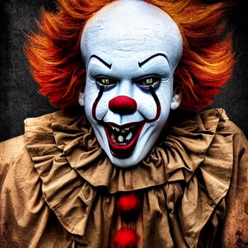 Image similar to Homeless portrait of Pennywise in scrappy clothing, HD, award winning photograph