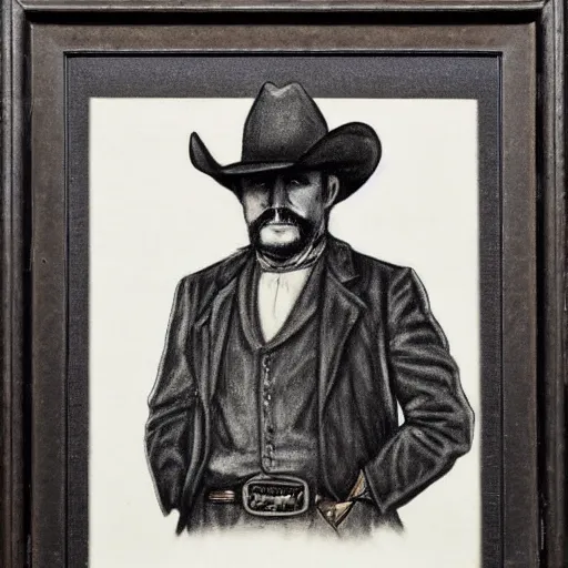 Image similar to charcoal portrait of an early 20th century jung monster hunter, cowboy hat, coat