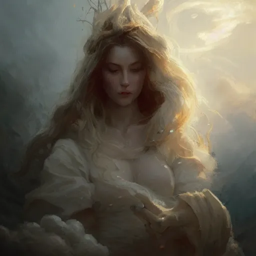 Image similar to a beautiful portrait of a cloud goddess by Greg Rutkowski and Raymond Swanland, Trending on Artstation, ultra realistic digital art