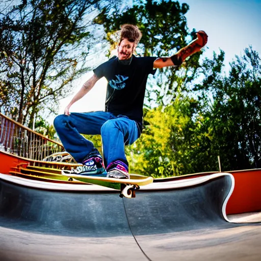Image similar to professional photo of a skateboarder performing a grab trick, focused on brightly colored deck, thrasher magazine, 8 k, bokeh, bright ambient lighting key light, 8 5 mm f 1. 8