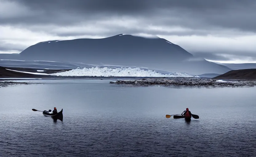 Image similar to canoeing through a lake in iceland, moody, cinematic, fpv, muted colors, glaciers, ice, water