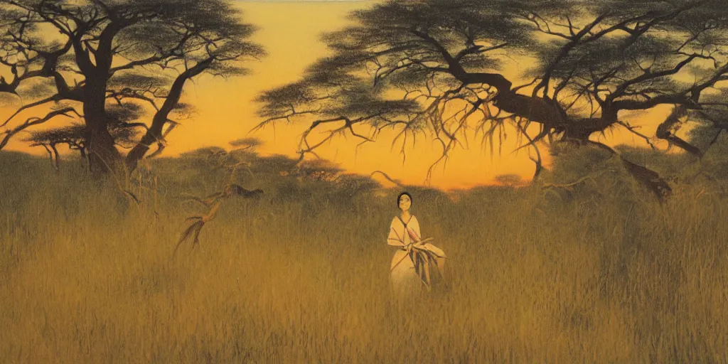 Prompt: painting of a woman in the savannah at golden hour by kitano tsunetomi, 1 9 3 9