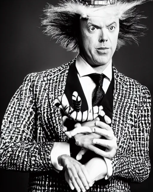 Prompt: photoshoot of michael keaton as beetlejuice, photoshoot in the style of annie leibovitz