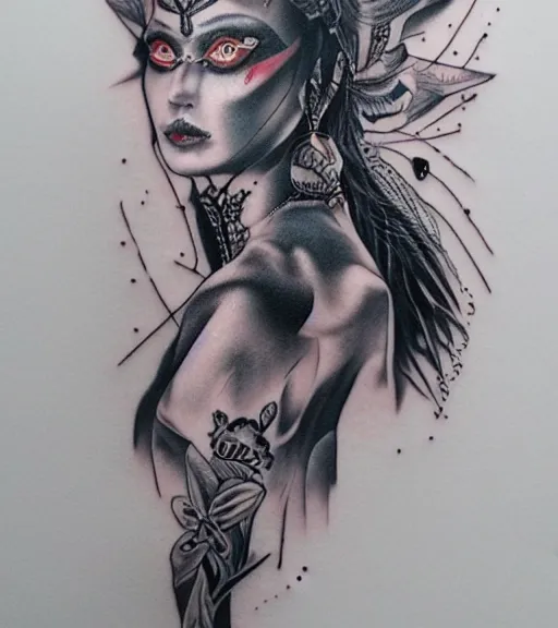 Image similar to tattoo design on white background of a beautiful girl warrior, hyper realistic, realism tattoo, inspired by eliot kohek