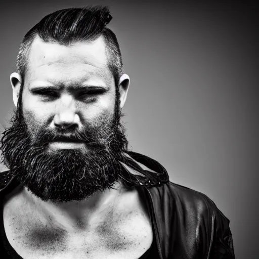 Image similar to bust portrait of handsome proud man with short black hair with a touch of grey hair, viking very short full beard warrior, cyberpunk, fashion editorial photography, waist up, low angle
