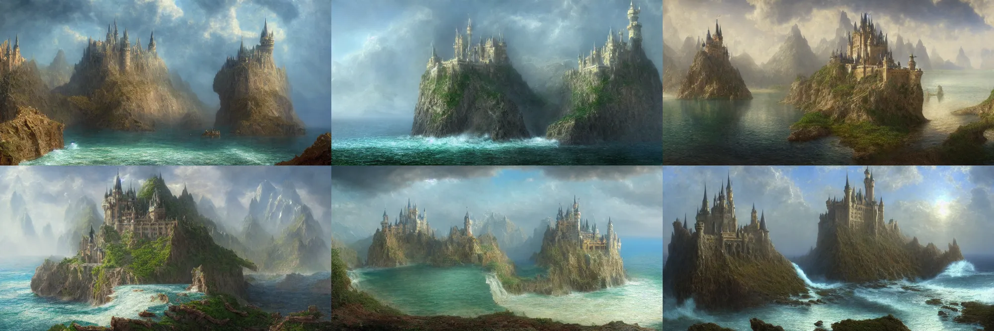 Prompt: a beautiful hyper realistic detailed matte painting looking across a crystal clear sea to a fantasy castle, by John Howe and Albert Bierstadt and Greg Rukkowski, unreal engine, trending on artstation, barometric projection, rectilinear