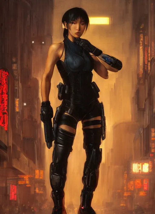 Image similar to chun li. cyberpunk police trooper in a military vest ( blade runner 2 0 4 9, cyberpunk 2 0 7 7 ). orientalist portrait by john william waterhouse and james gurney and theodore ralli and nasreddine dinet, oil on canvas. cinematic, hyper realism, realistic proportions, dramatic lighting, high detail 4 k