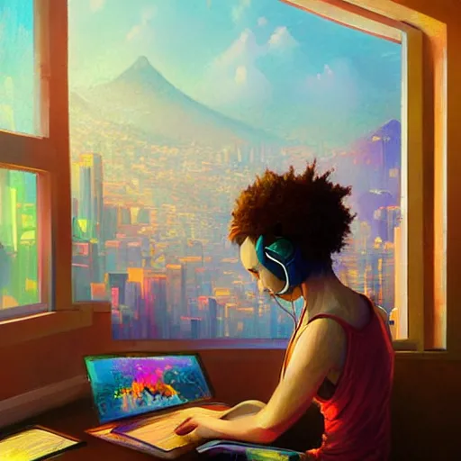 Prompt: lo-fi colorful masterpiece by Ross Tran, WLOP, Dan Mumford, Christophe Vacher, painting, black girl, curly hair, with headphones, studyng in bedroom, window with rio de janeiro view, lo-fi illustration style, by WLOP, by loish, by apofis, alive colors