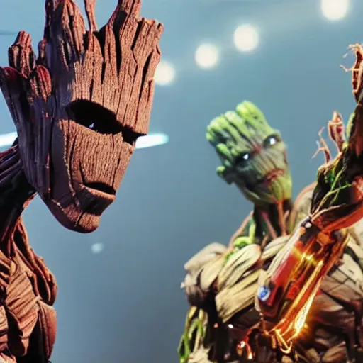 Image similar to groot and optimus prime dancing at techno party among people, wide shoot, after effect, ultra realistic