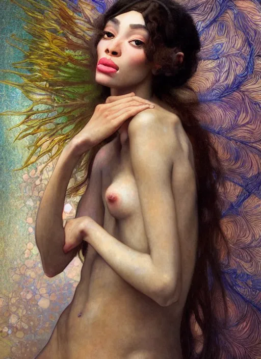 Image similar to a realistic oil painting of a beautiful young woman resembling winnie harlow, crystal encrustations, underwater, fantasy art, by mucha, by bouguereau, intricate, colorful