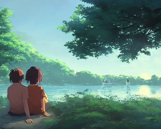 Prompt: a boy and a girl with long flowing auburn hair, boy has short black hair, sitting next to each other, facing the river in one single boat. Atmospheric lighting, long shot, romantic, boy and girl are the focus, trees, blue water, narrow river, close river bank, shady. Anime. By Makoto Shinkai, Stanley Artgerm Lau, WLOP, Rossdraws, James Jean, Andrei Riabovitchev, Marc Simonetti, krenz cushart, Sakimichan, D&D trending on ArtStation, digital art.