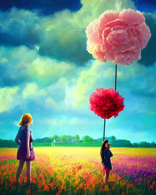 Image similar to girl with a giant carnation as face, surreal photography, flower field, sunset dramatic light, impressionist painting, colorful clouds, blue sky, digital painting, artstation, simon stalenhag