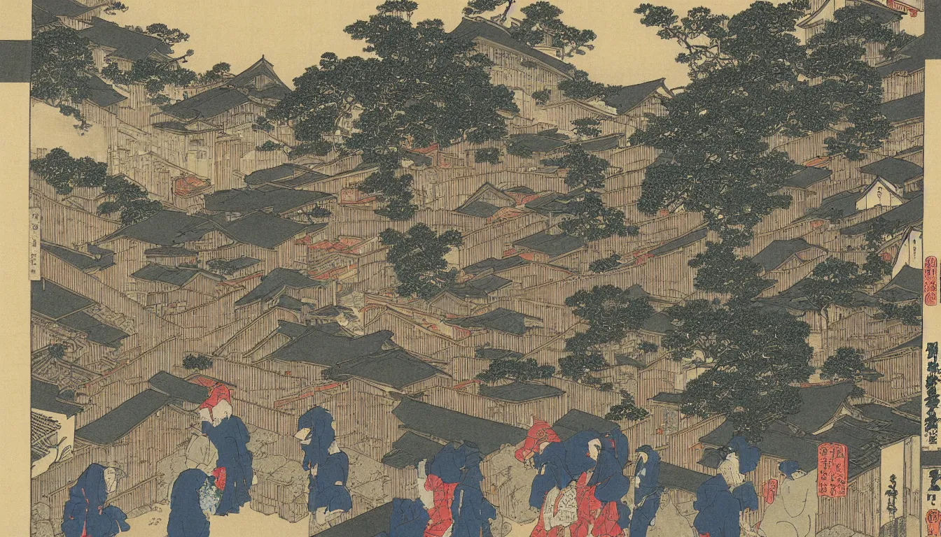 Prompt: old street scene in japan hokusai