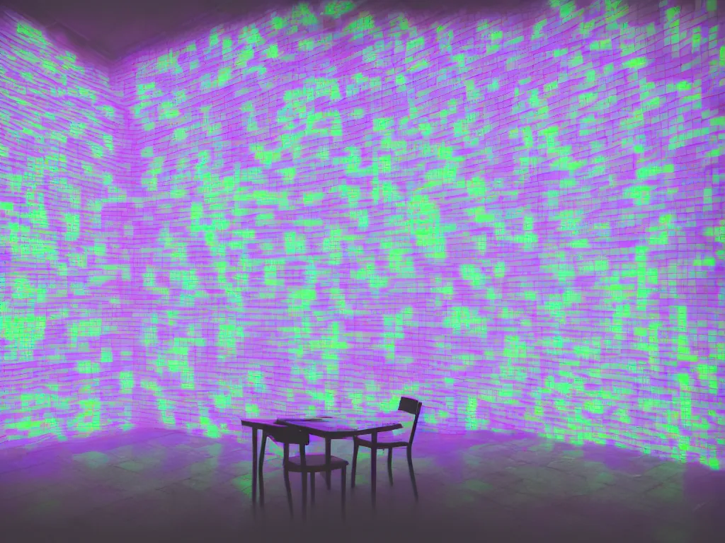 Image similar to room with overlaping screens projecting art, pixel perfect image, high contrast, volumetric lighting, tiny neon light, chair, user, pair of keys