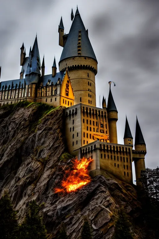 Image similar to a dslr photo of a hogwarts castle under attack, atmospheric, realistic, 4 k