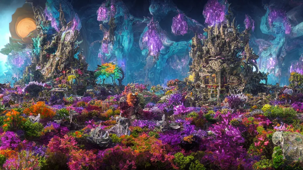 Prompt: a centered render of intricate modular synthesizer of dargon, shining its light across a tumultuous sea of flowers, undersea animals and one gothic crystal temple by dorothea tanning and salvador dali, trending on artstation, cyber punk, soft color, unreal engine, high detailed, 8 k