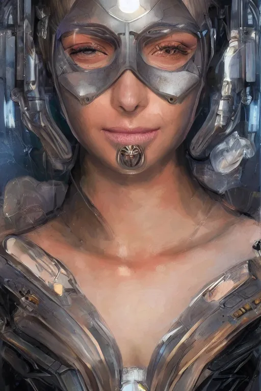 Prompt: Portrait of beautiful smiling Ultra realistic illustration, beautiful alluring female cyborg, cyberpunk, sci-fi, fantasy, intricate, elegant, highly detailed, digital painting, artstation, concept art, smooth, sharp focus, illustration, artgerm.