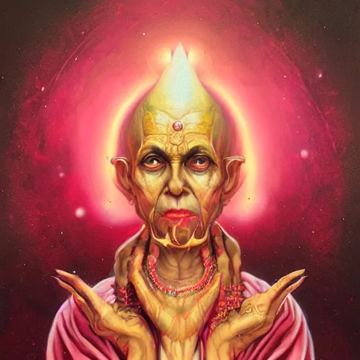 Image similar to wise old Indian guru, multiple arms, pink and gold , by Anato Finnstark, Tom Bagshaw, Brom