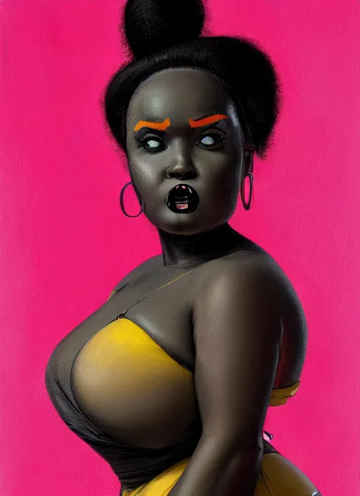 Image similar to portrait of a plump black woman with a crooked nose and a confident expression, 1 9 6 0 s, black clothes, goth, punk, brightly coloured hair, funk, intricate, elegant, highly detailed, digital painting, artstation, concept art, smooth, sharp focus, illustration, art by wlop, mars ravelo and greg rutkowski