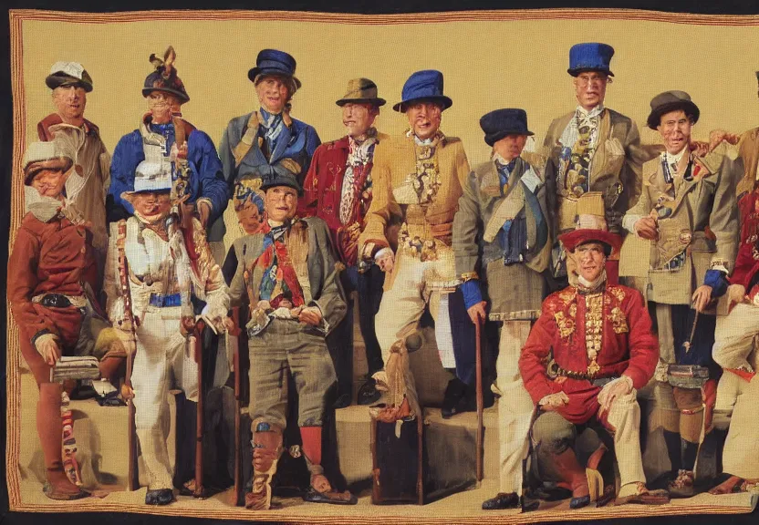 Prompt: a tapestry of men with fezes standing in ranks