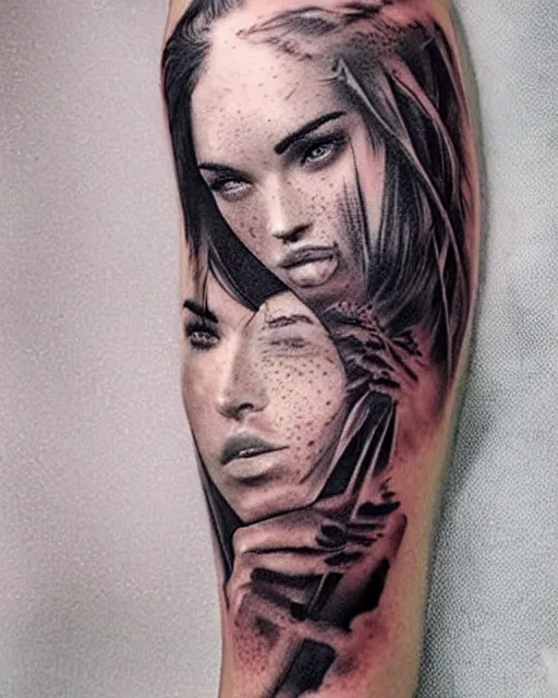 Image similar to creative double exposure effect tattoo design sketch of megan fox faded in beautiful mountain scenery, realism tattoo, in the style of matteo pasqualin, amazing detail, sharp