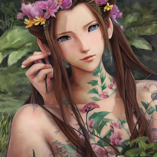 Image similar to concept art of aerith gainsborough with tattoos, amongst flowers, high quality, detailed, trending on artstartion