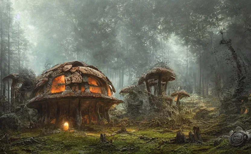 Prompt: A mushroom house that has been destroyed and now it is in rumbles , light coming from the windows, in a dark forest, macro, underexposed, overecast, mysterious matte painting by greg rutkowski and marc simonetti and Ivan Shishkin