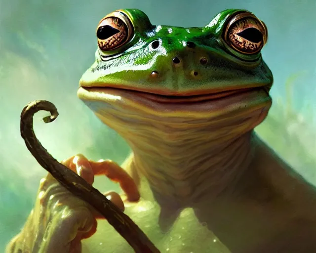 Image similar to highly detailed portrait of a anthro frog mage, humanlike frog holding a wand, elden ring, stephen bliss, fantasy art by greg rutkowski, loish, rhads, ferdinand knab, makoto shinkai and lois van baarle, ilya kuvshinov, rossdraws, tom bagshaw, global illumination, radiant light, detailed and intricate environment