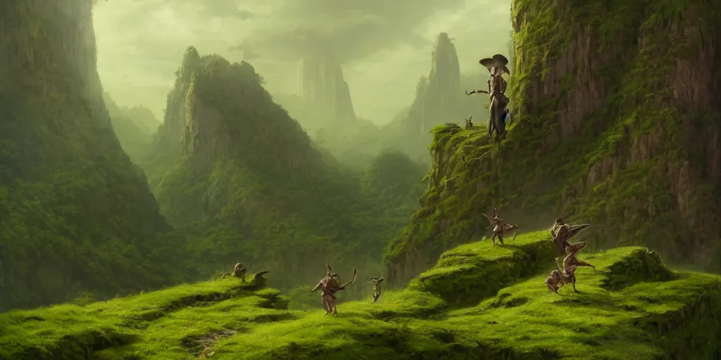 Image similar to goblins stand in the middle of the road, there is a lost city on the cliff in the distance, the city is full of green plants, 4 k resolution, ultra detailed, matte oil painting, mysterious, artstation, art by greg rutkowski