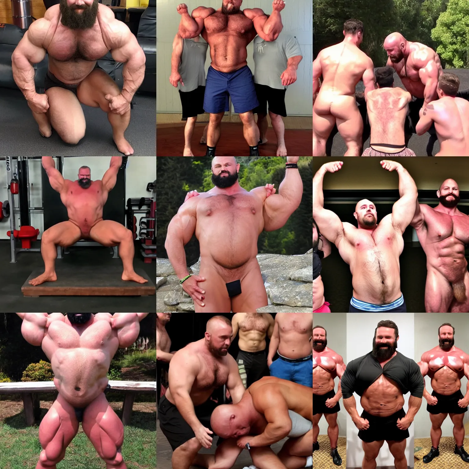 Prompt: muscle bear daddy strongman with lean men worshipping his body