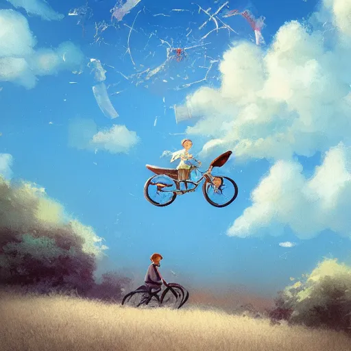 Image similar to A whimsical painting of a boy riding a bicycle flying in the sky through the clouds, painting by Craig Mullins, octane rendering, soft morning lighting, wide angle lens, in the style of Hayao Miyazaki, trending on artstation,