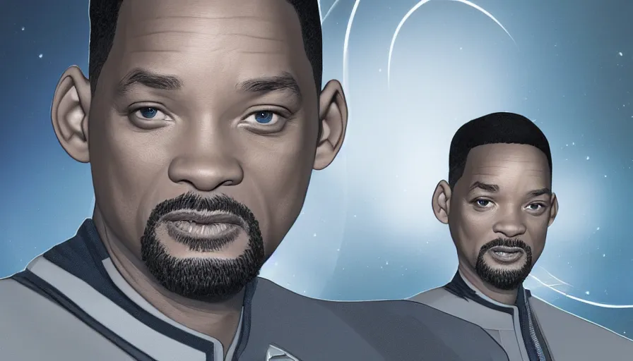 Image similar to will smith in star trek, grey background, hyperdetailed, artstation, cgsociety, 8 k