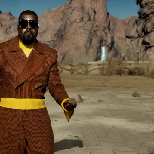 Image similar to Kanye West as willy wonka in fallout new vegas, splash art, movie still, cinematic lighting, dramatic, octane render, long lens, shallow depth of field, bokeh, anamorphic lens flare, 8k, hyper detailed, 35mm film grain