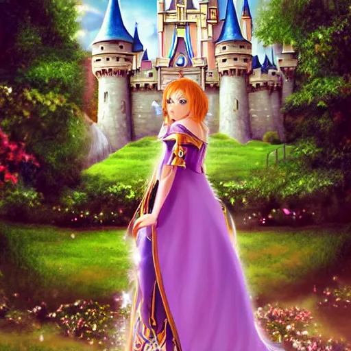 Image similar to a pleasant, beautiful, funny, smooth 3D CG render, semirealistic anime style, a noble priestess magician princess girl wearing dress and jewelry, in a glorious magic kingdom with castle and walls, relaxing calm vibes, fairytale