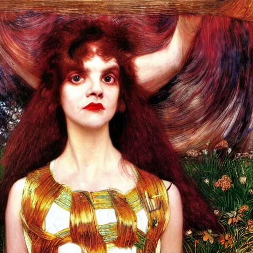 Image similar to portrait of a hybrid of a hybrid of judy garland and lady gaga and christina ricci with marfan syndrome, with a brown fringe, holman hunt, john william waterhouse, kilian eng, rosetti, john everett millais, william holman hunt, 4 k