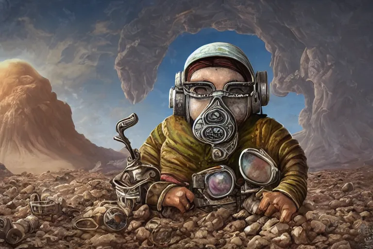 Image similar to a highly detailed forgotten garden gnome wearing goggles and head scarf surviving in a vast barren desert, hopeless wasteland background with a relentless raging sun overhead, post - apocalyptic road warrior vibe, dynamic pose, an ultrafine detailed painting by joe fenton, trending on deviantart, pop surrealism, whimsical, lowbrow, perfect symmetrical face, sharp focus, octane, masterpiece