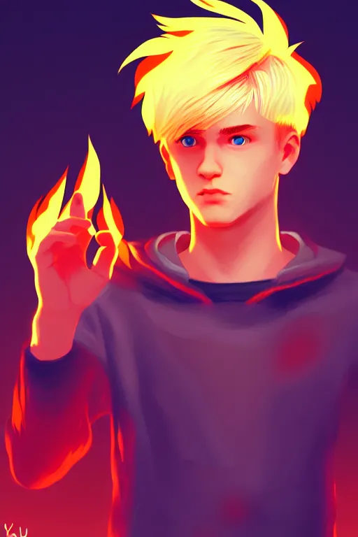 Image similar to character art by ilya kuvshinov, young man, blonde hair, on fire, fire powers