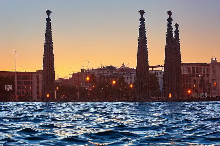 Image similar to views of catastrophic barcelona's buildings covered with high water, people on boats, floating cars, sunset lighting, photo real