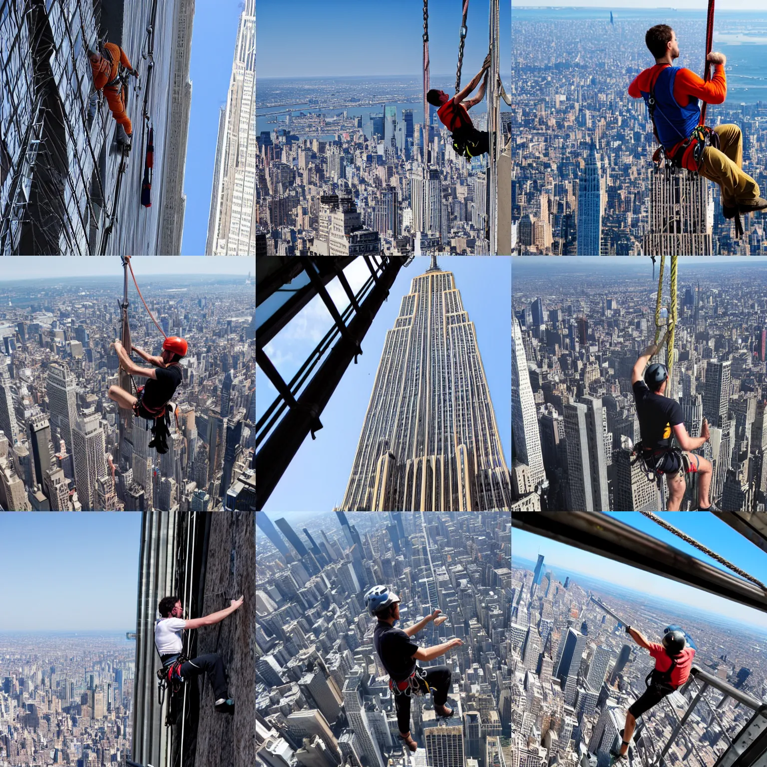 Prompt: a man in climbing gear scaling the empire state building