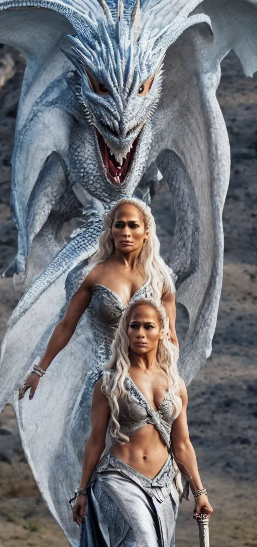 Image similar to Jennifer Lopez as Daenerys Targaryen riding a dragon, XF IQ4, 150MP, 50mm, F1.4, ISO 200, 1/160s, natural light