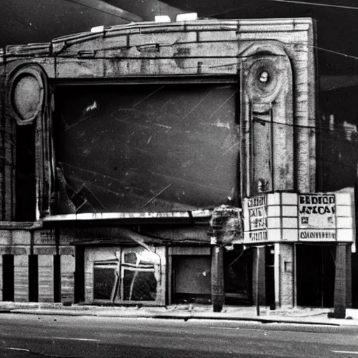 Prompt: old photo of a torn down cinema with flickering screen, dark, cinematic, stylish, vintage, realistic.