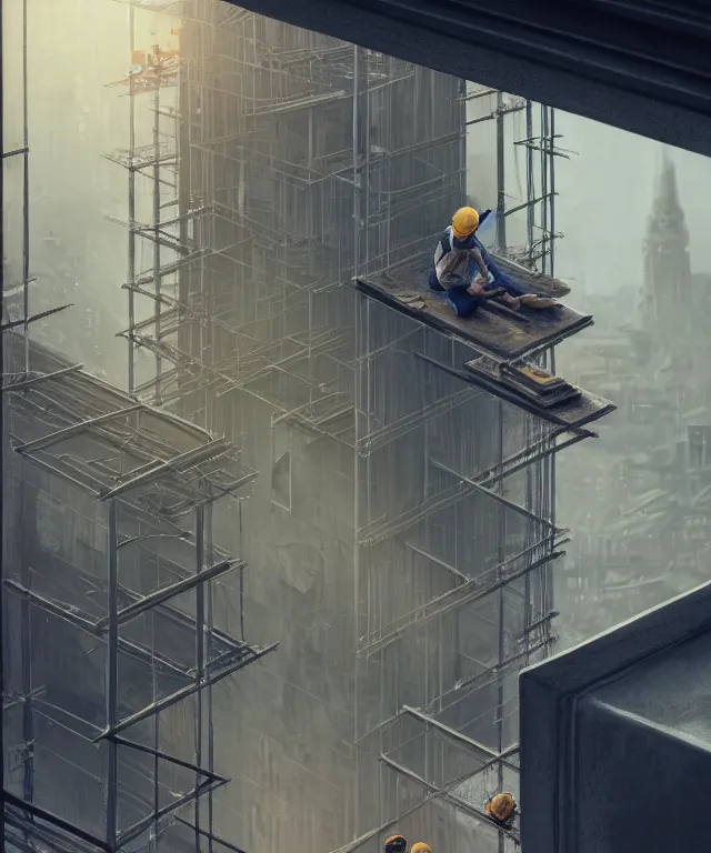 Prompt: view from a window of a construction worker on a steel beam by charlie bowater and anna dittmann and artgerm and clemens ascher, intricate, elegant, beige mist, highly detailed, dramatic lighting, sharp focus, octane render, trending on artstation, artstationhd, artstationhq, unreal engine, 4 k, 8 k