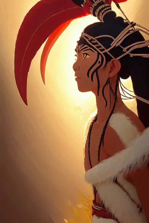 Image similar to woman of huaorani amazon ecuadorian tribe, finely detailed perfect face, exquisite details, fire magic, mid view, design on a white background, by studio muti, greg rutkowski makoto shinkai takashi takeuchi studio ghibli