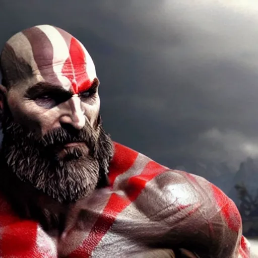 Prompt: christian bale in the God of War game