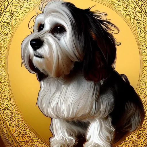 Prompt: beautiful detailed picture of a havanese dog, radiant light, art nouveau, intricate, elegant, highly detailed, my rendition, digital painting, artstation, concept art, smooth, sharp focus, illustration, art by artgerm and greg rutkowski and alphonse mucha