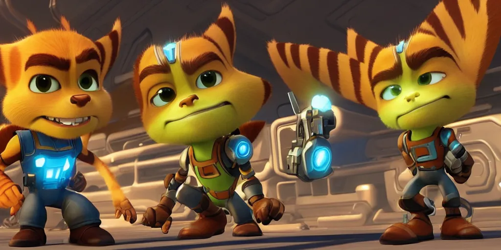 Image similar to ratchet & clank in the style of ralph mcquarrie