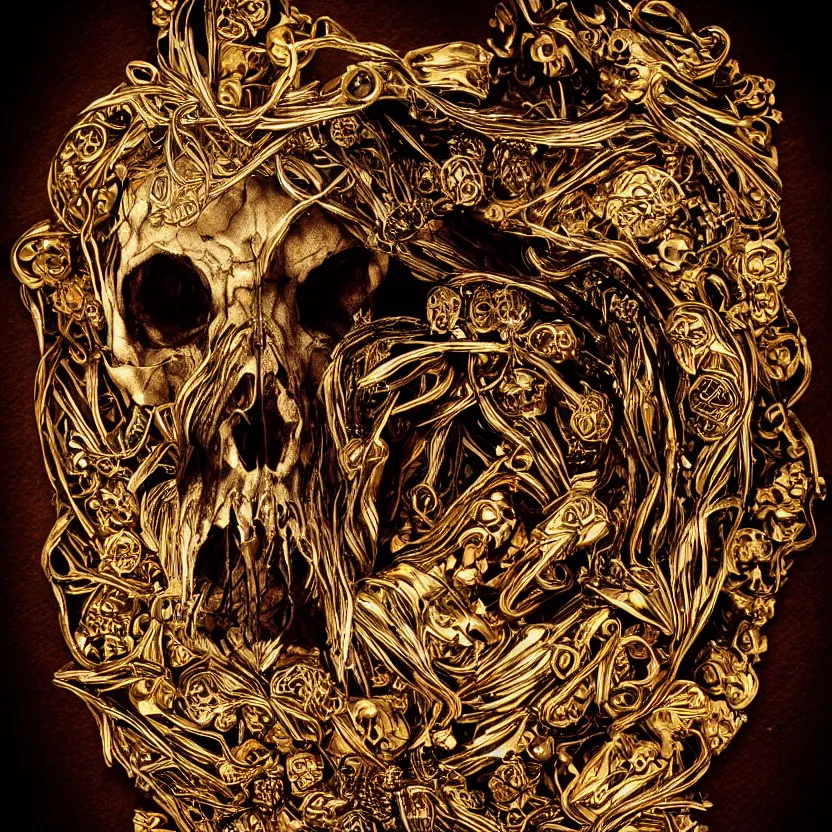 Image similar to photo portrait of skull of wolf, lying on bones, dramatic lighting, golden ornaments, symmetric, intricate skeletal decorations, symmetry, highly detailed, concept art, black, red, white, gold layers, super moon, style of nekroxiii, hyperrealistic, dark background, smoke